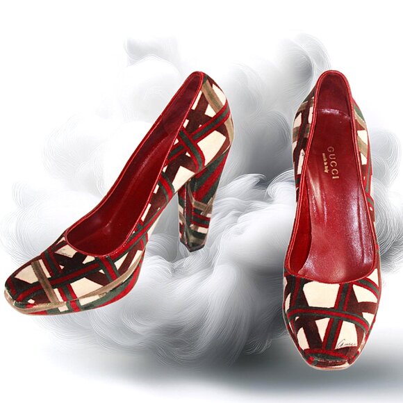 Gucci Velvet Geometric Cream Maroon Green Signed Platform Pumps, Size 6 - Picture 7 of 13